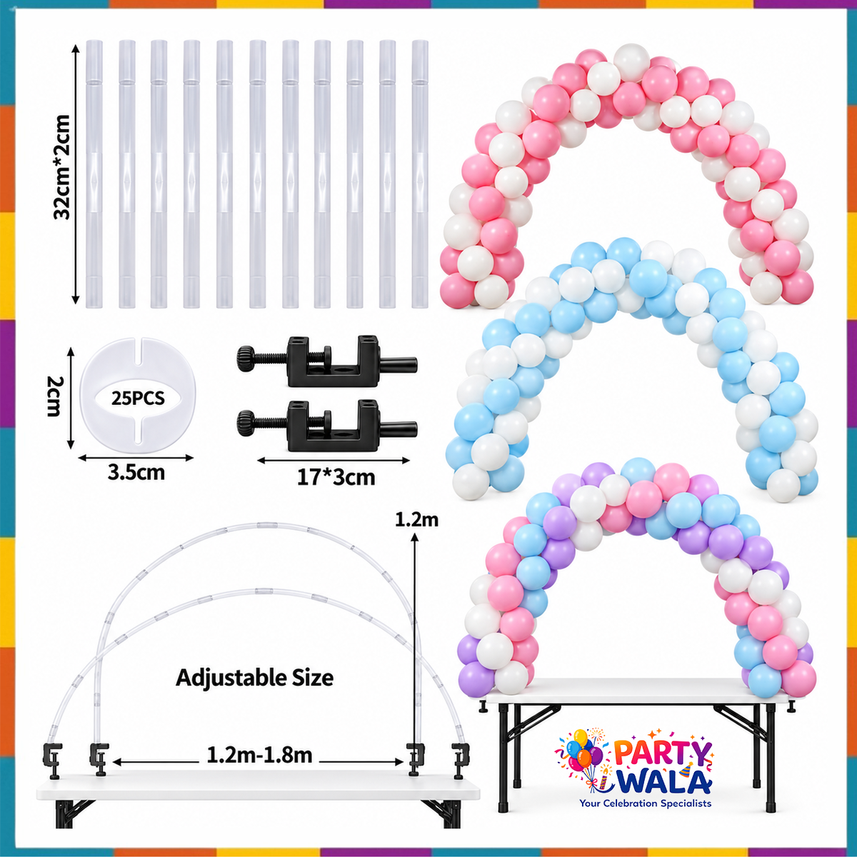Table Balloon Arch Kit – 25 Poles, 25 Rings & 2 Table Clips
