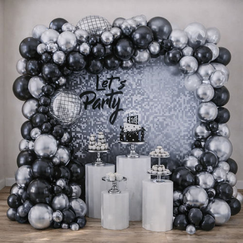 100-PCS Disco Night Silver & Black Balloon Arch Kit For Birthday, Anniversary And Party Celebration P-845