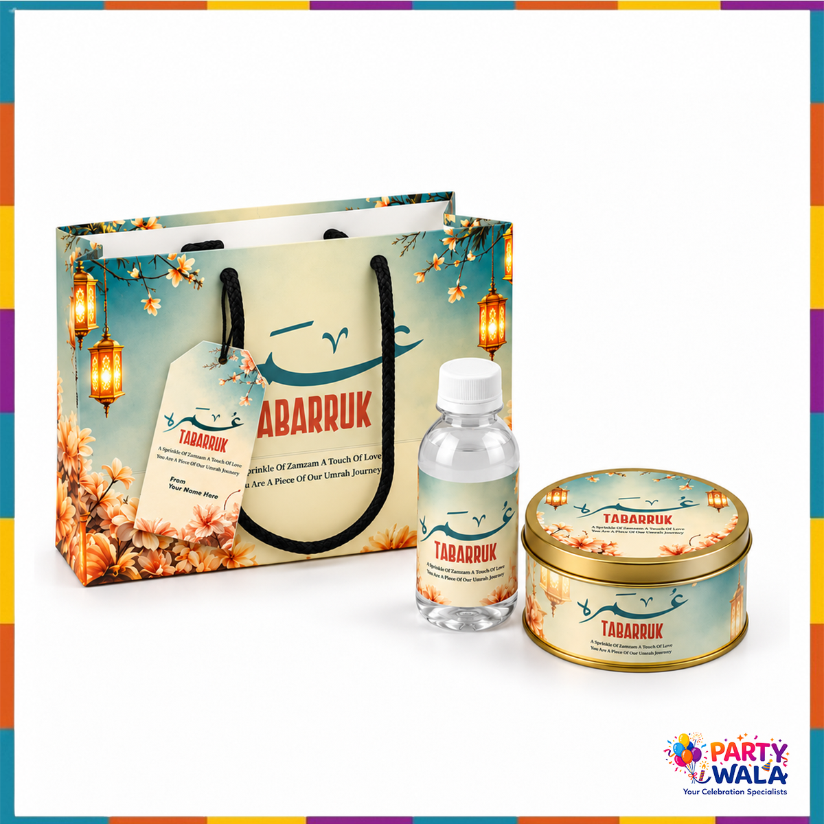 Teal & Gold Floral Lantern Umrah Tabarruk Gift Set (Tin Box 250g)