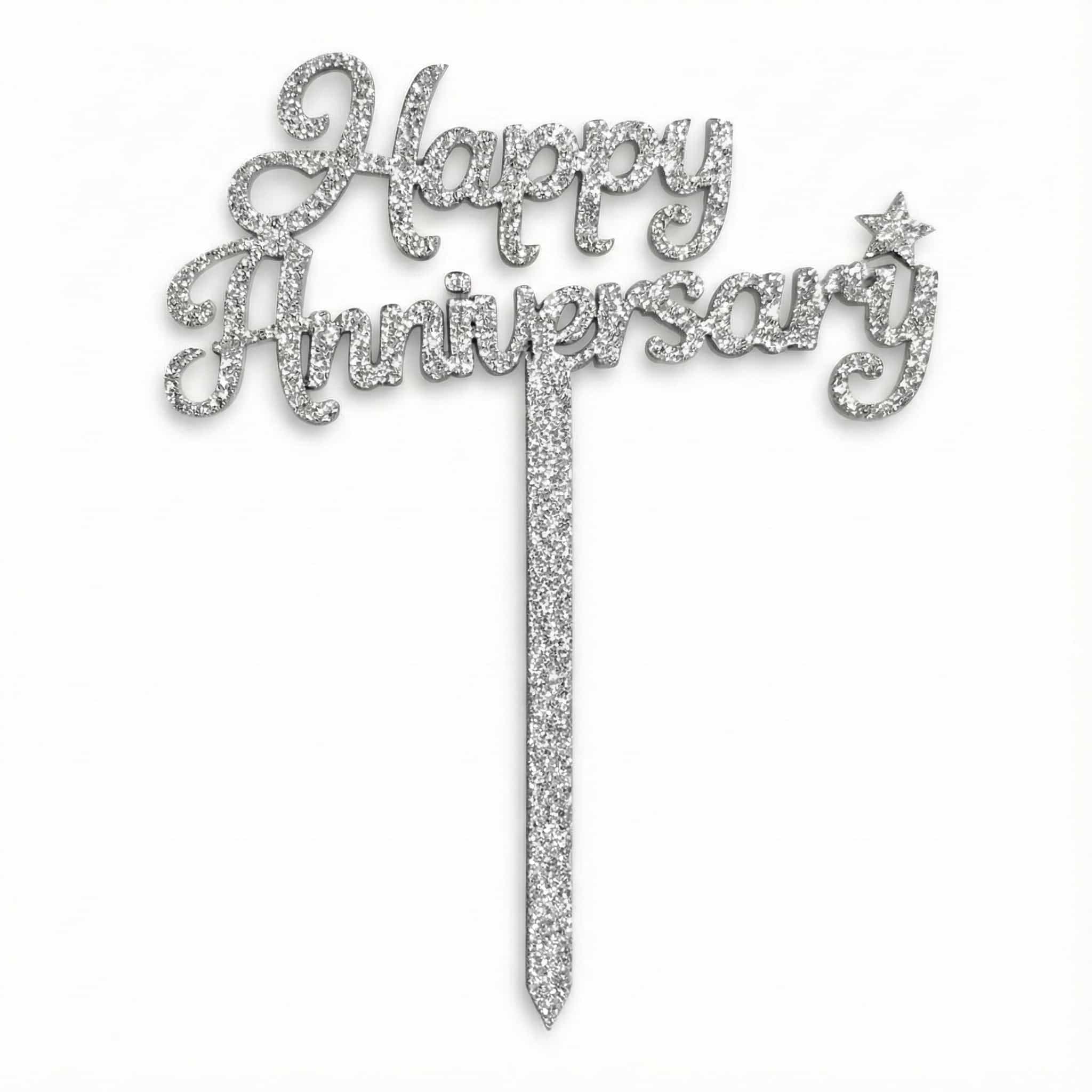 Happy Anniversary Glitter Silver Topper For Cake Decoration