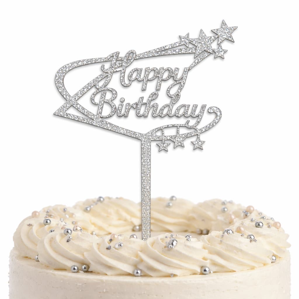 Happy Birthday Glitter Silver Topper For Cake Decoration