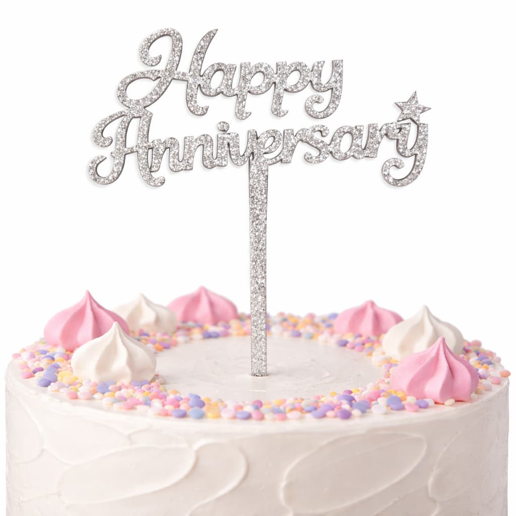 Happy Anniversary Glitter Silver Topper For Cake Decoration