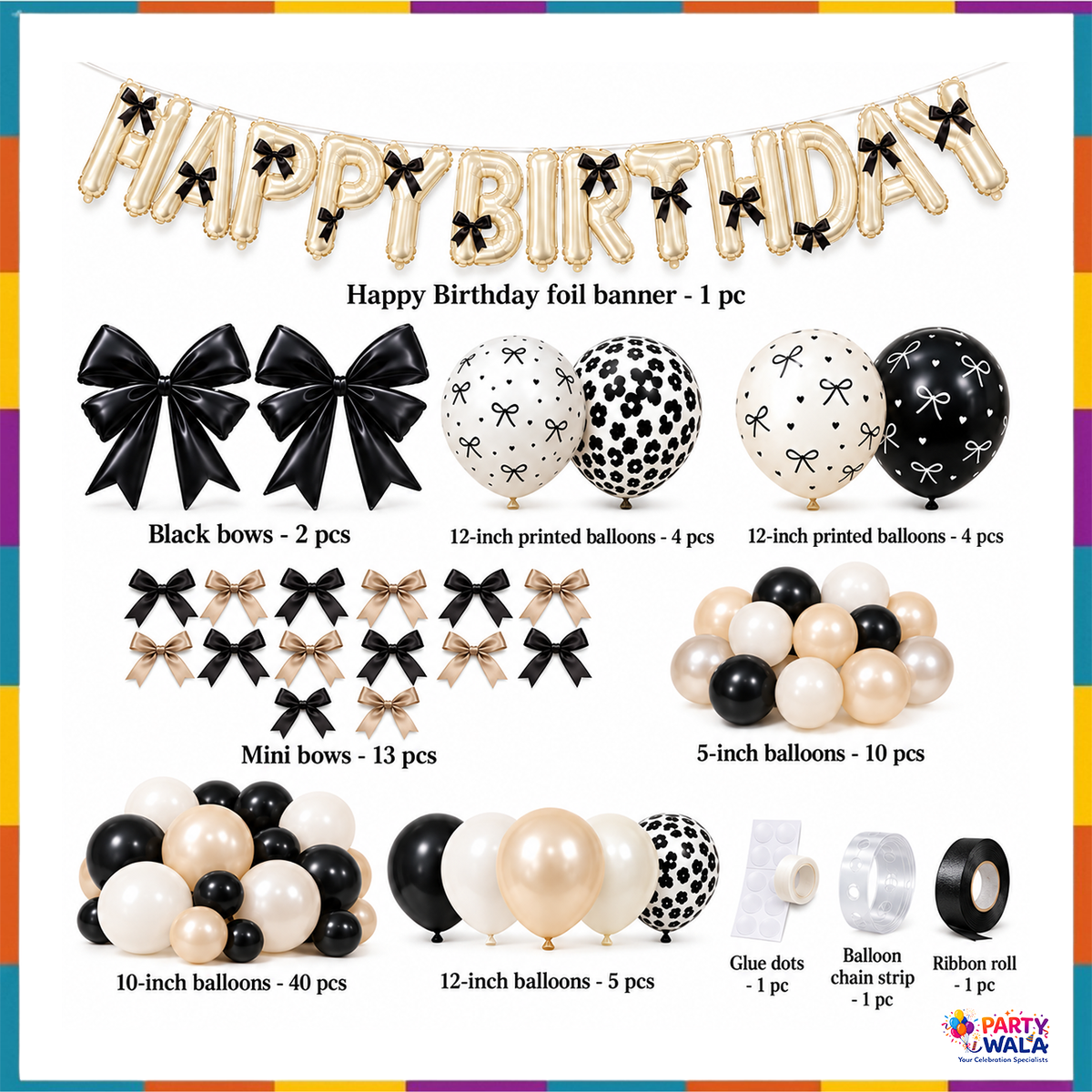 Black and cream bow Happy Birthday balloon kit contents