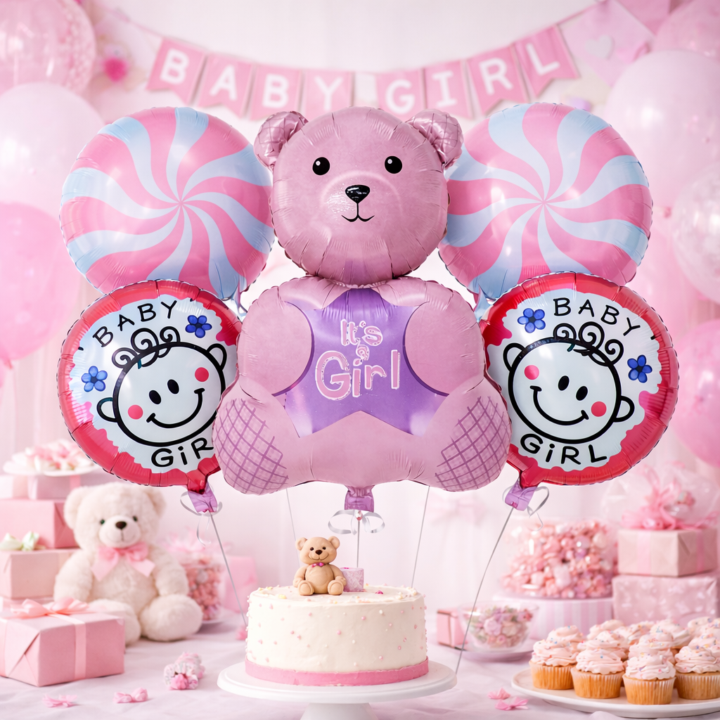Its A Girl Teddy Theme Foil Balloons Set (Pack of 5)
