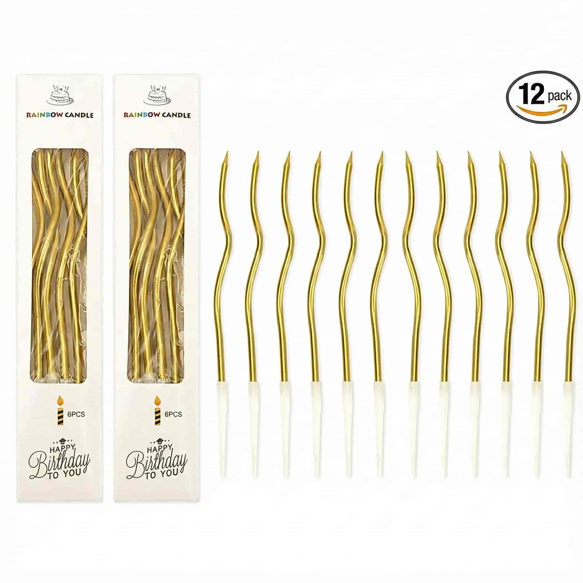 Chrome Finished Curly Long Candles in 4 Colors for Cakes Decoration | Pack of 12