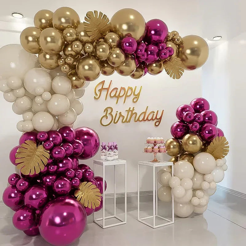 Metallic Balloon Arch Kit, Red/Purple & Golden Emulsion Balloons (100 Pcs) - Party Wala