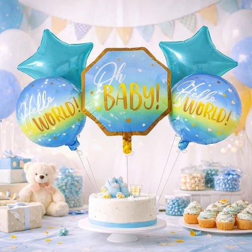 5pcs/Set Oh Baby with Hello World Baby Round Foil Balloons Set for Baby Shower, Gender Reveal Event and Decoration