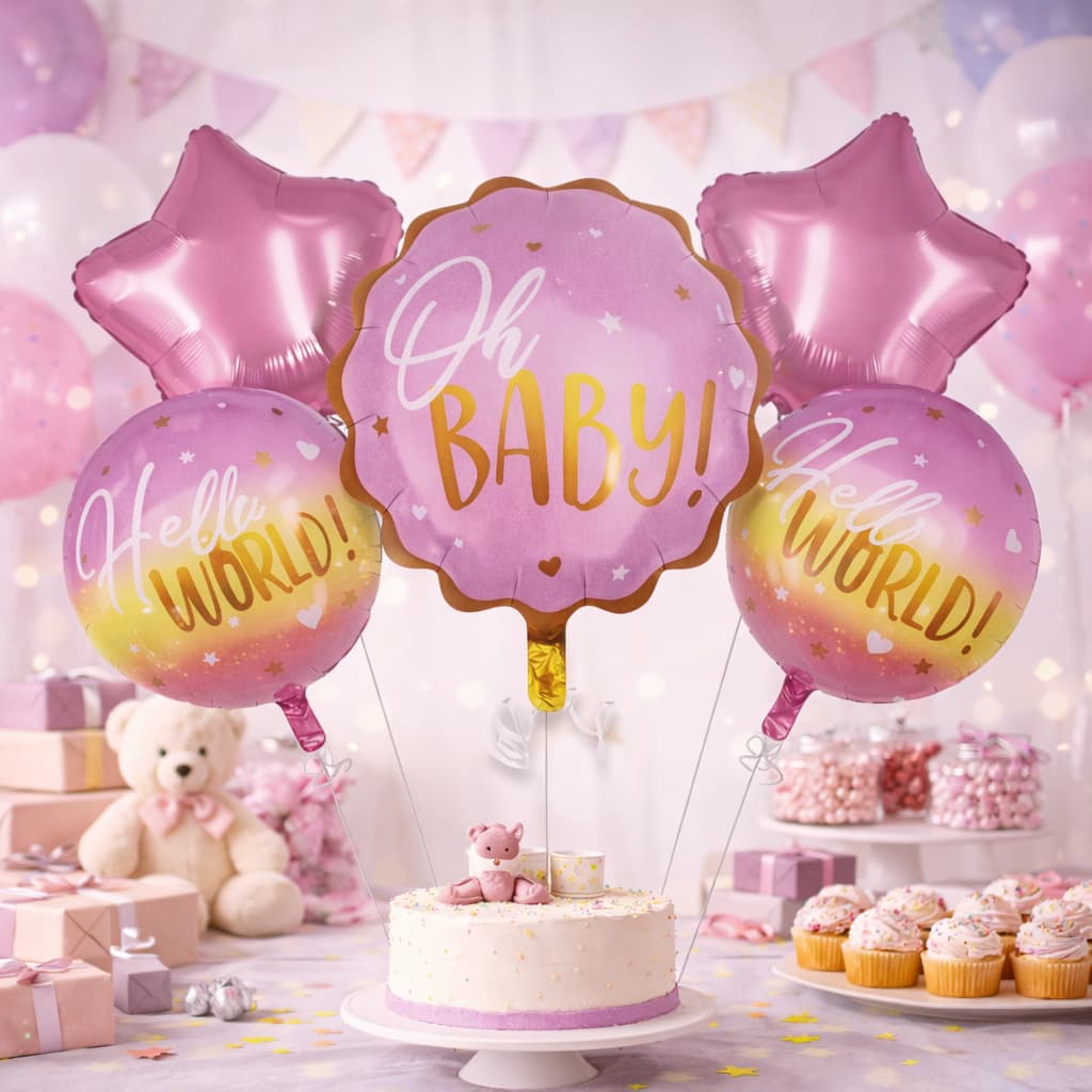 5pcs/Set Oh Baby with Hello World Baby Round Foil Balloons Set for Baby Shower, Gender Reveal Event and Decoration
