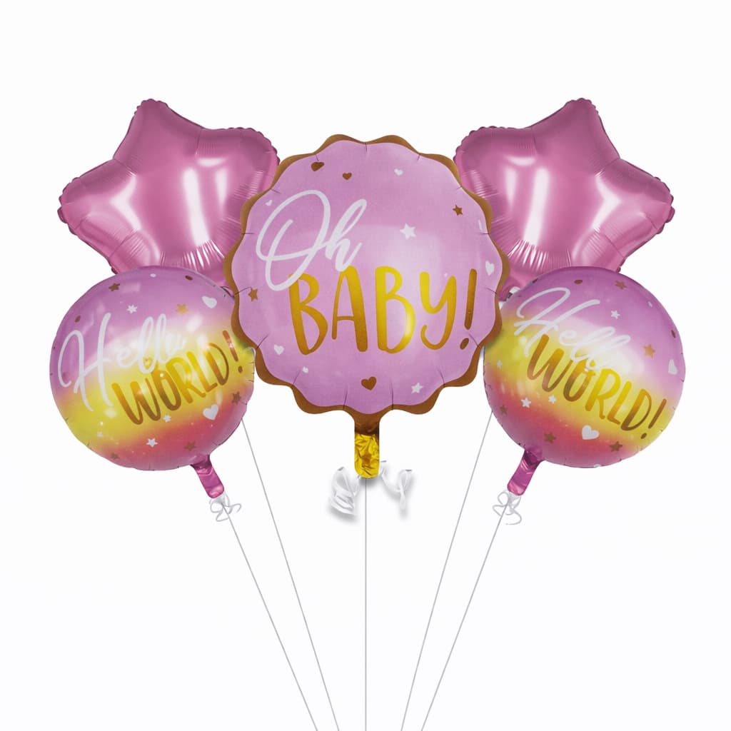 5pcs/Set Oh Baby with Hello World Baby Round Foil Balloons Set for Baby Shower, Gender Reveal Event and Decoration