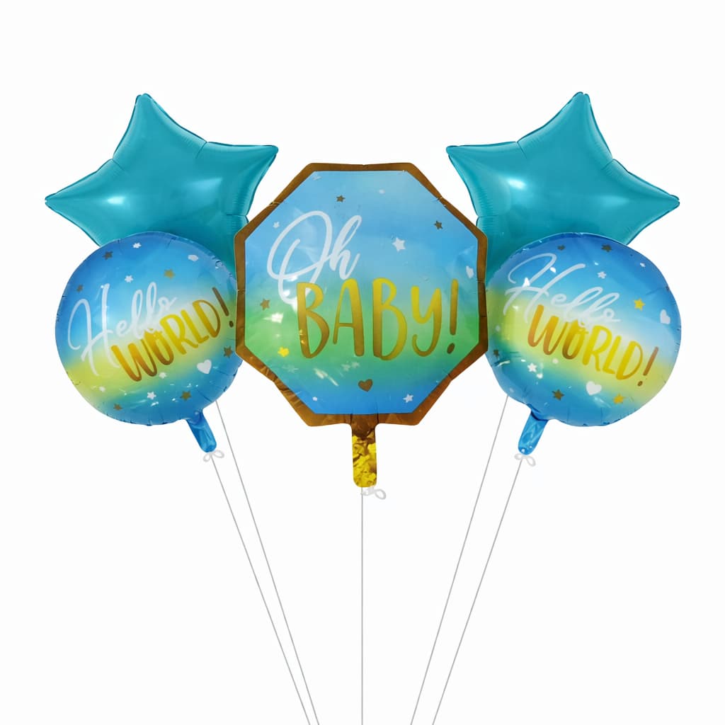 5pcs/Set Oh Baby with Hello World Baby Round Foil Balloons Set for Baby Shower, Gender Reveal Event and Decoration