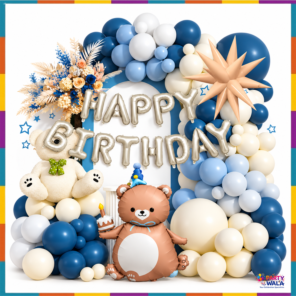 Blue and cream teddy bear happy birthday balloon arch kit displayed