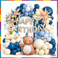 Blue and cream teddy bear happy birthday balloon arch kit displayed