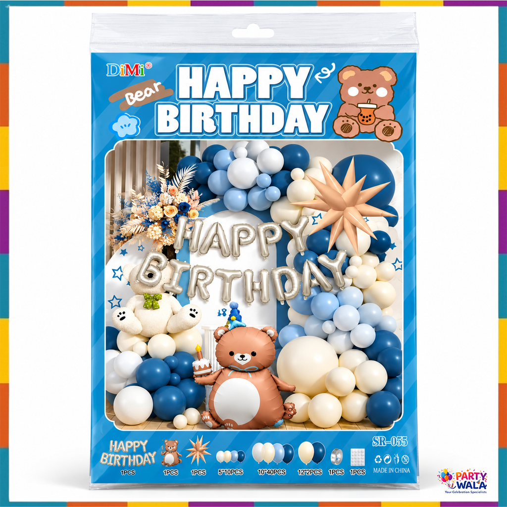 Blue bear happy birthday balloon kit packaging and included items
