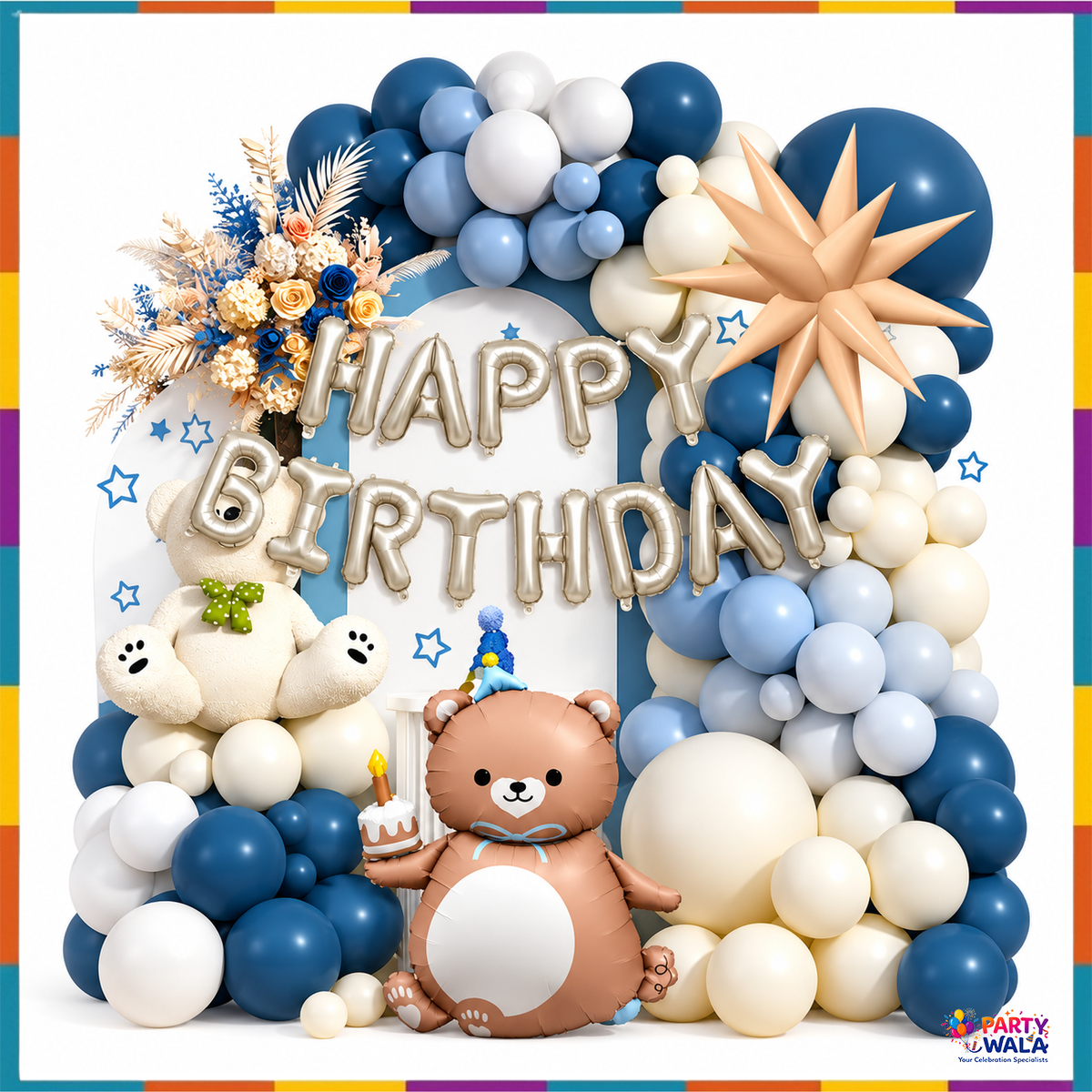 Navy blue and cream teddy bear birthday balloon arch setup