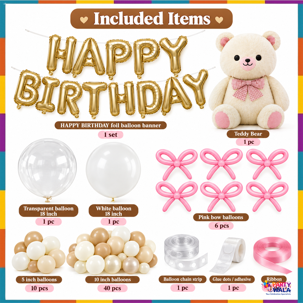 Rose gold teddy bear happy birthday kit included items
