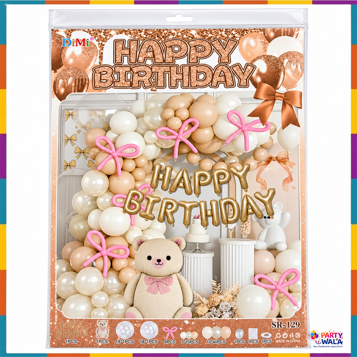 Rose gold and cream teddy bear happy birthday balloon arch kit