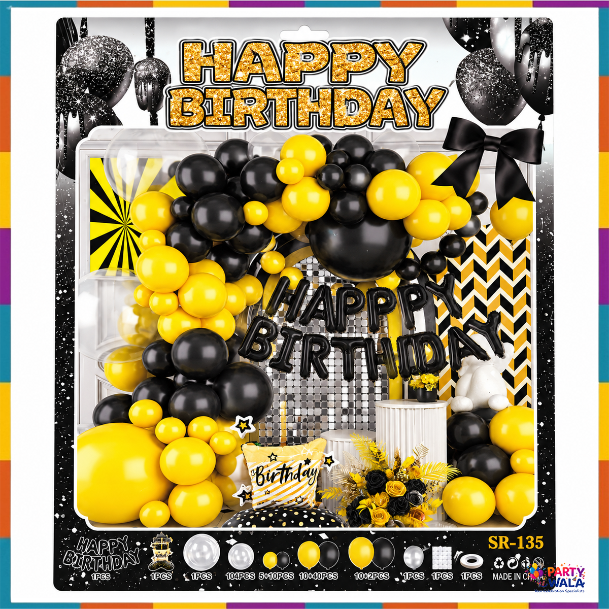 Black and yellow happy birthday balloon kit hero