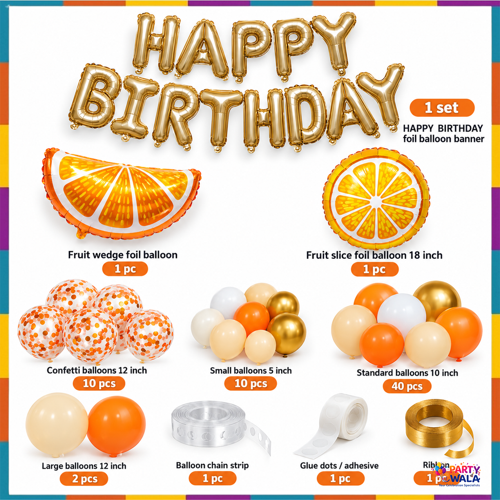 Orange and gold birthday balloon kit included items