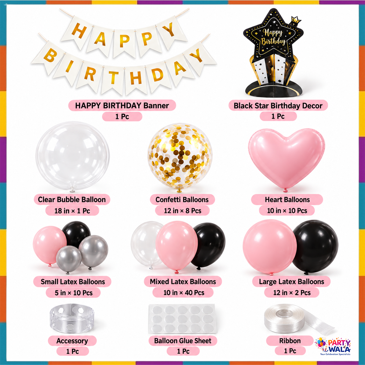 Pink & Black Happy Birthday Balloon Decoration Kit
