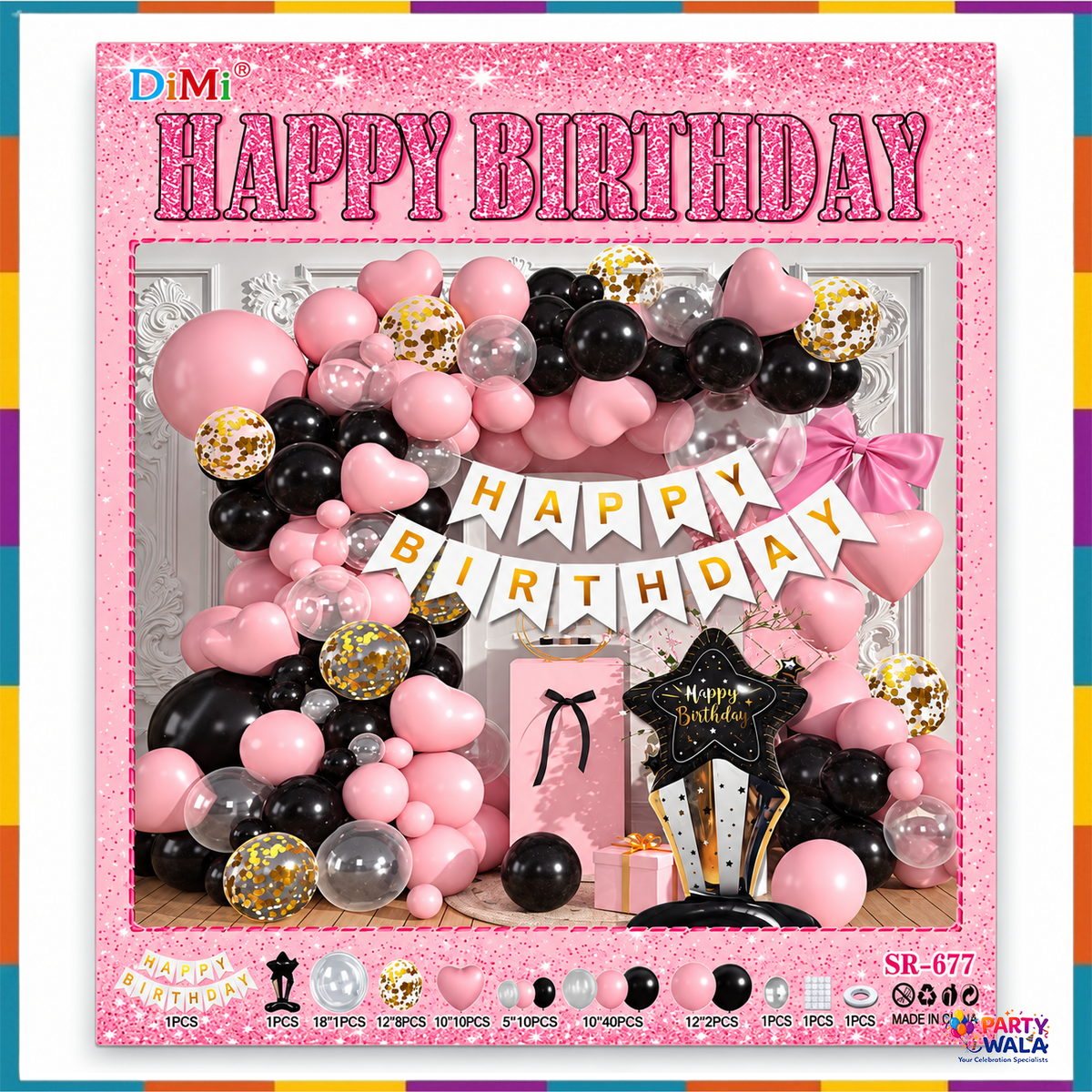 Pink & Black Happy Birthday Balloon Decoration Kit