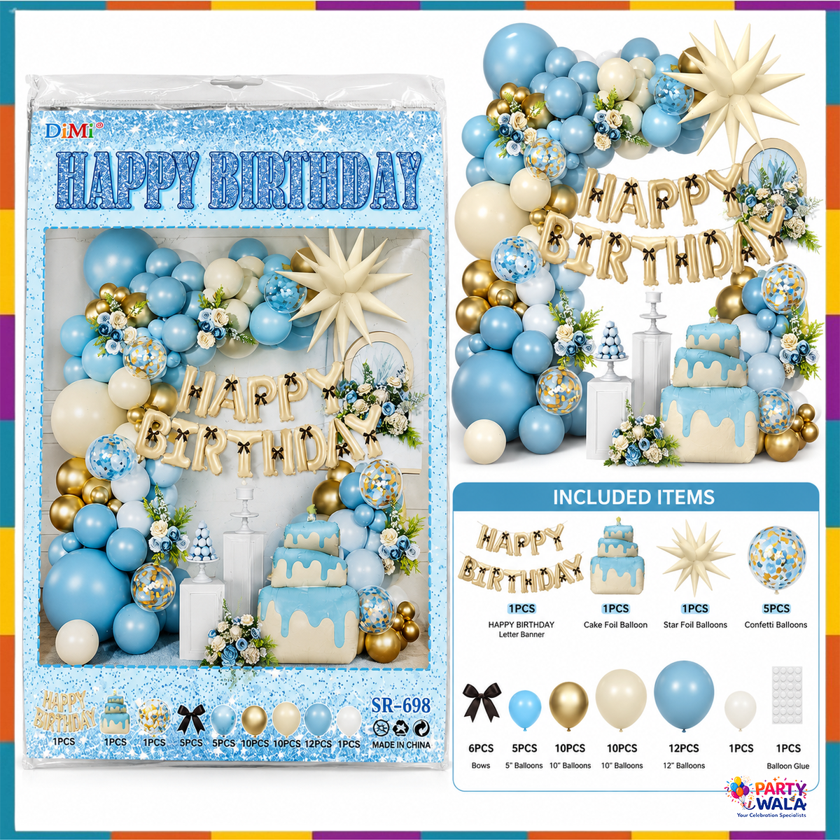 Blue and gold balloon kit contents