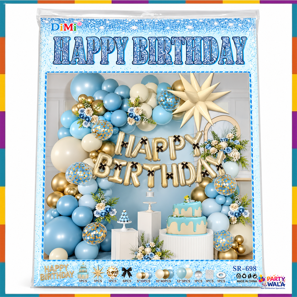 Blue and gold happy birthday balloon decoration kit