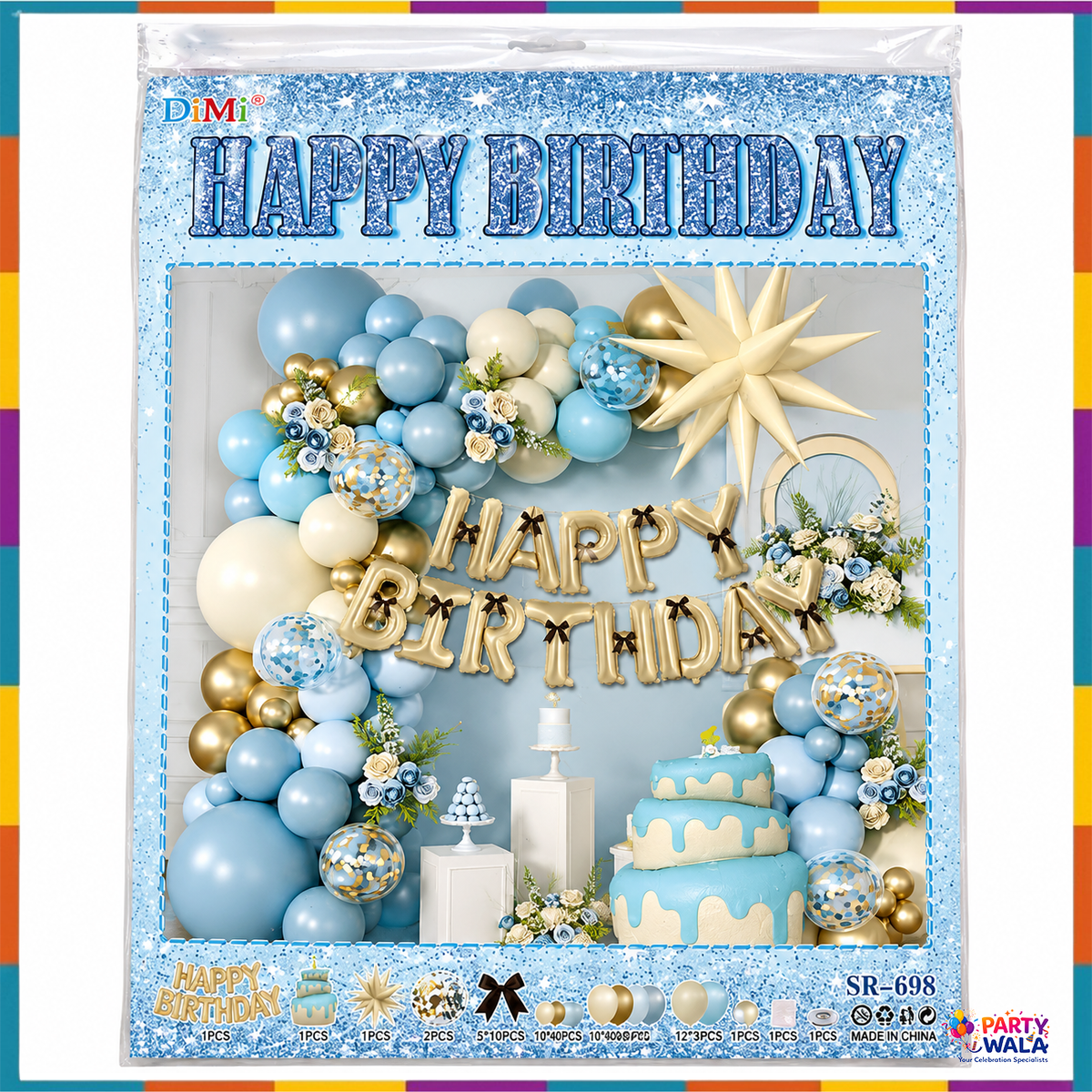 Blue and gold birthday balloon kit package
