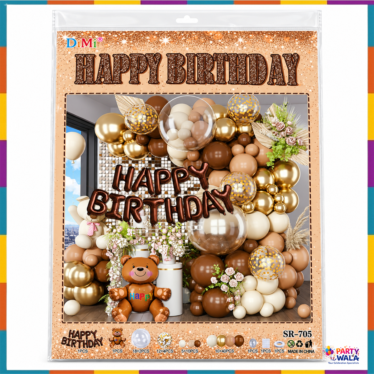 Brown and gold teddy bear happy birthday balloon kit