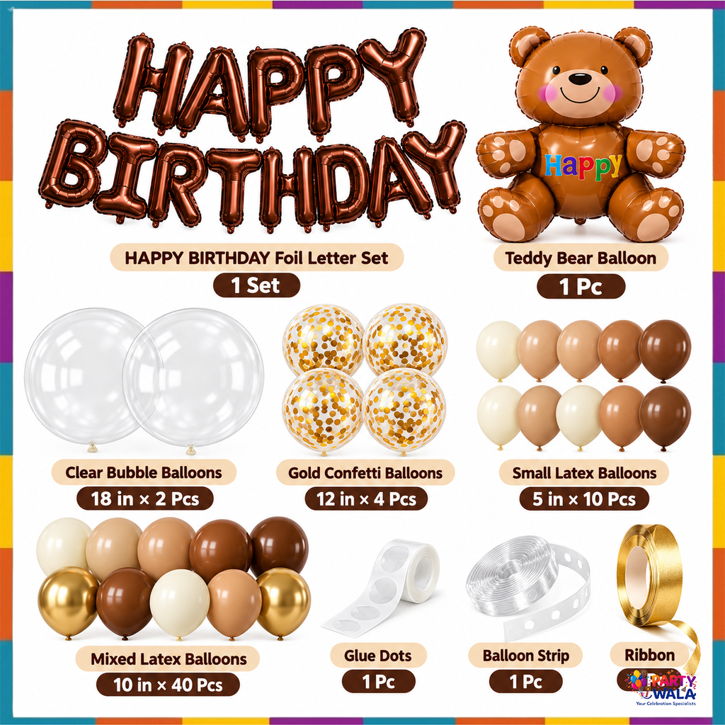 Included items in brown and gold teddy bear balloon kit