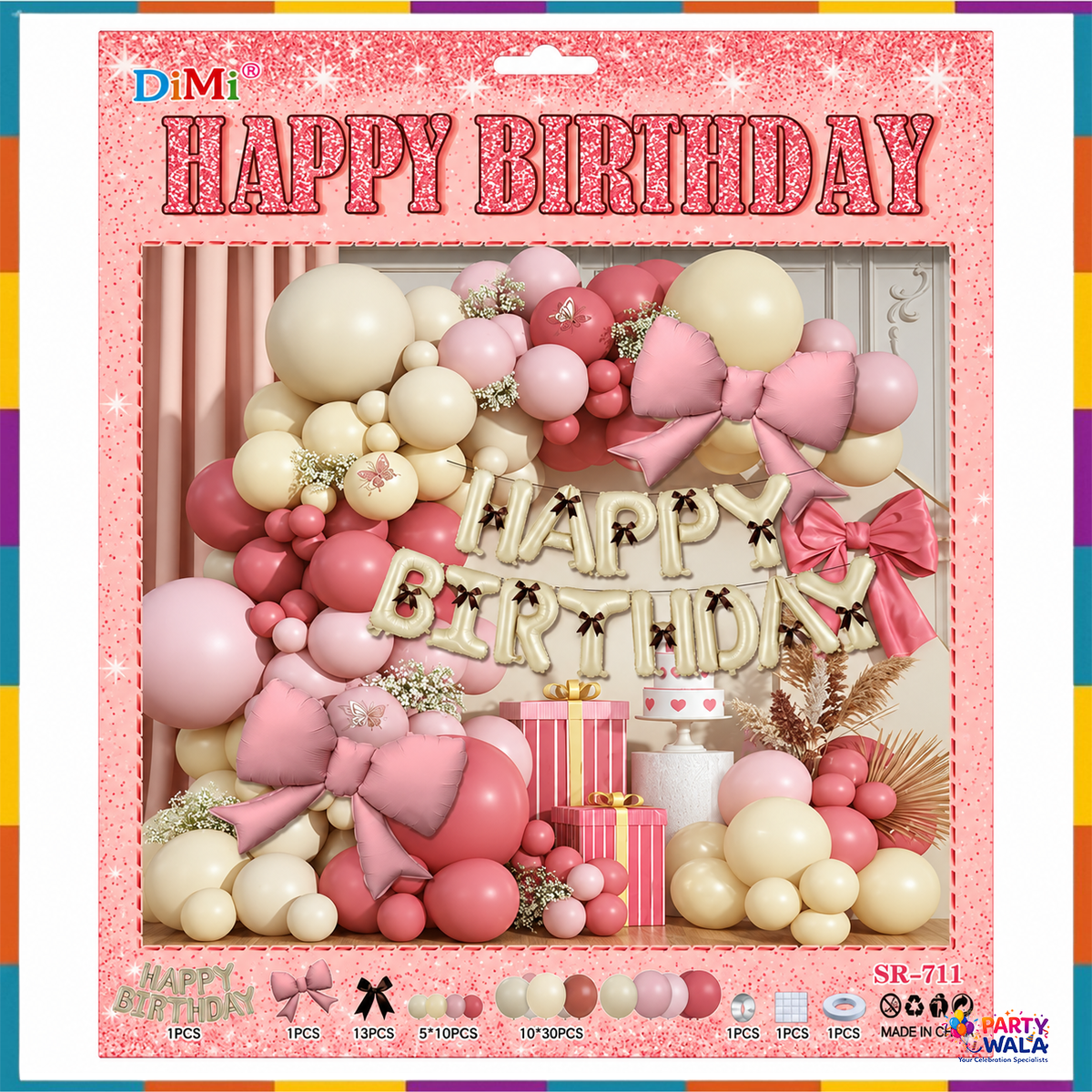 Pink cream burgundy bow Happy Birthday balloon kit