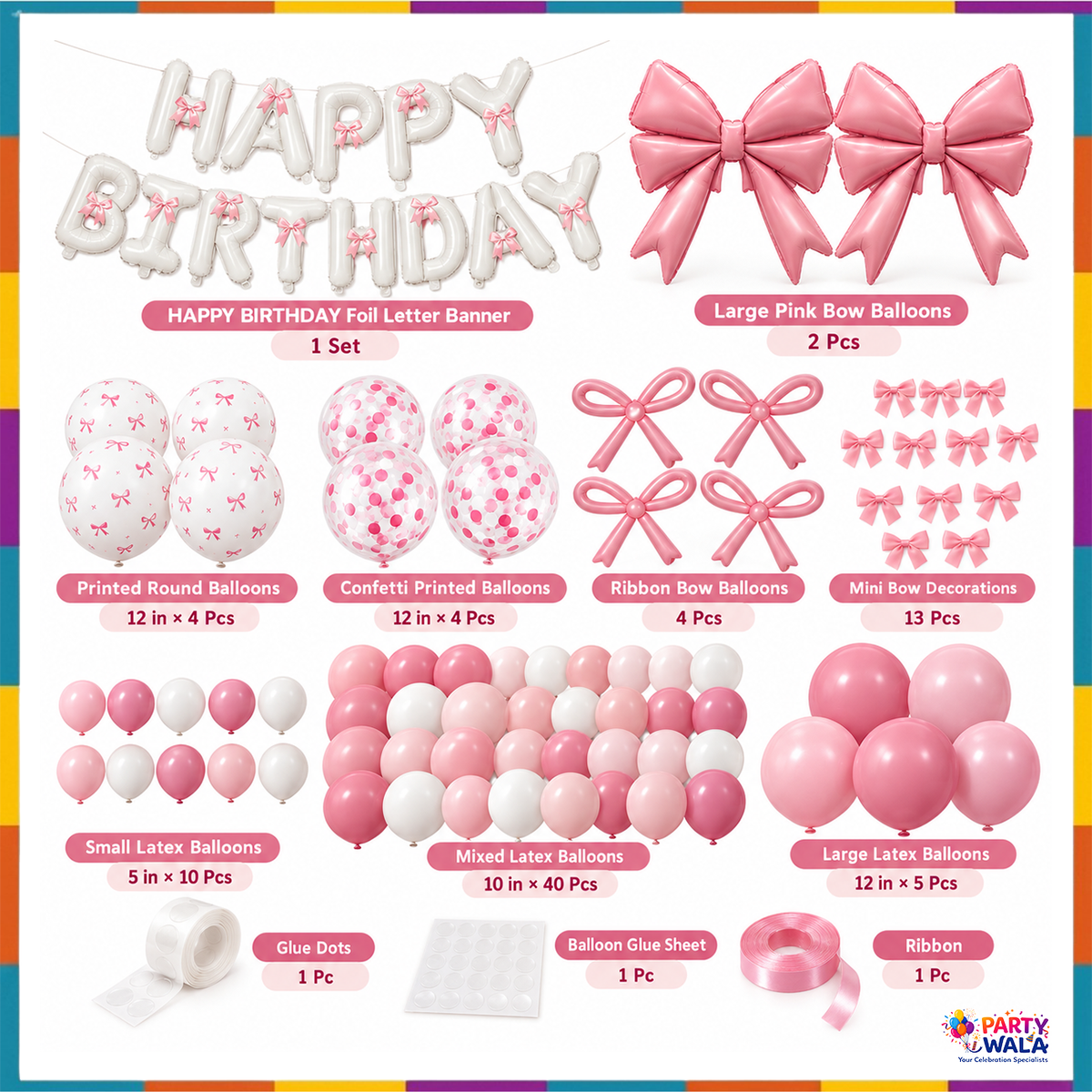 Pink Bow Happy Birthday Balloon Kit – included items
