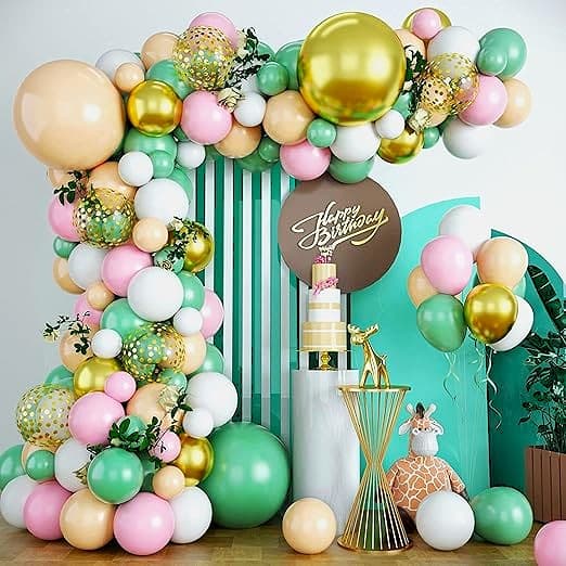 Sage green, pink, and metallic gold balloon garland kit For Birthday Celebration