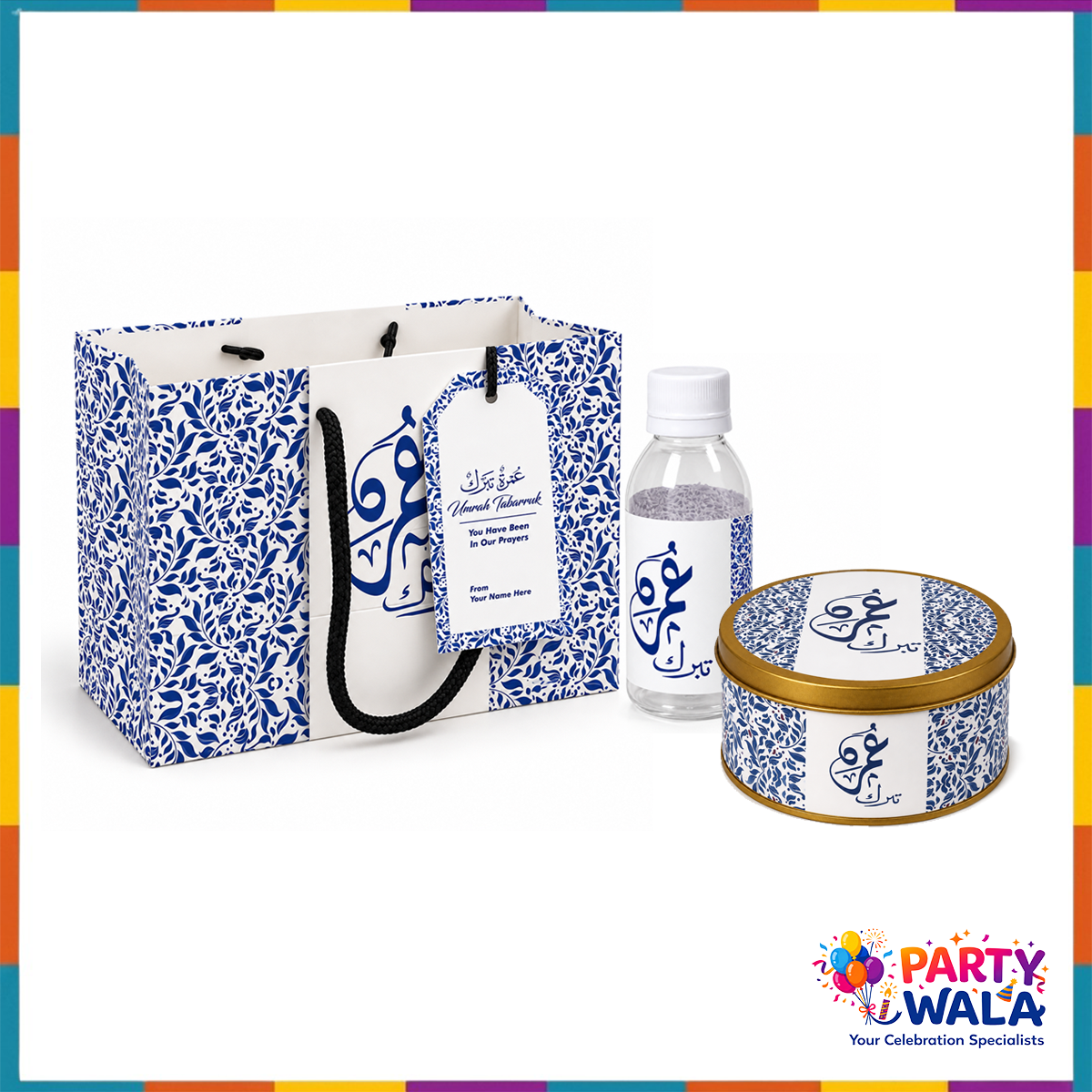 Blue Islamic Gift Set (with Tin Box 250g) - Umrah Tabarruk Packaging