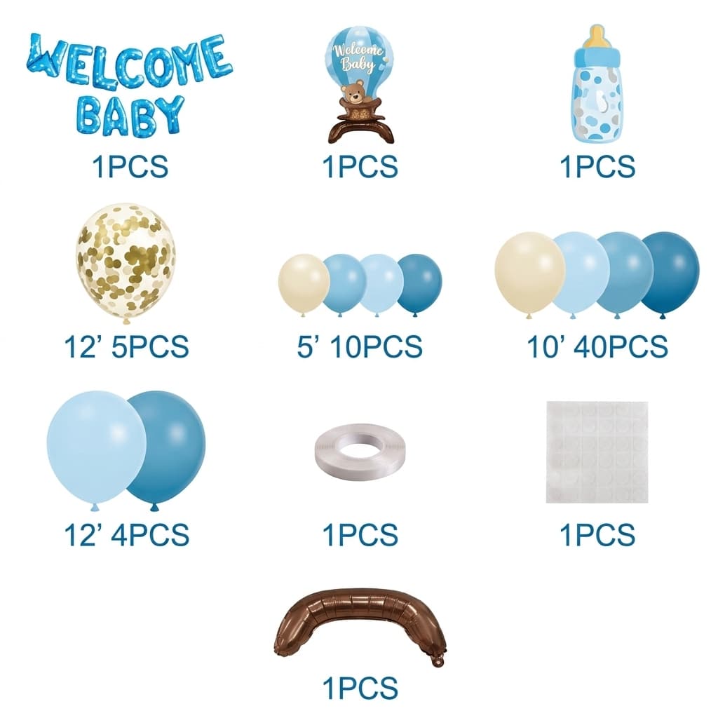 66 PCS- "Welcome baby", Royal Blue & Gold Baby Celebration