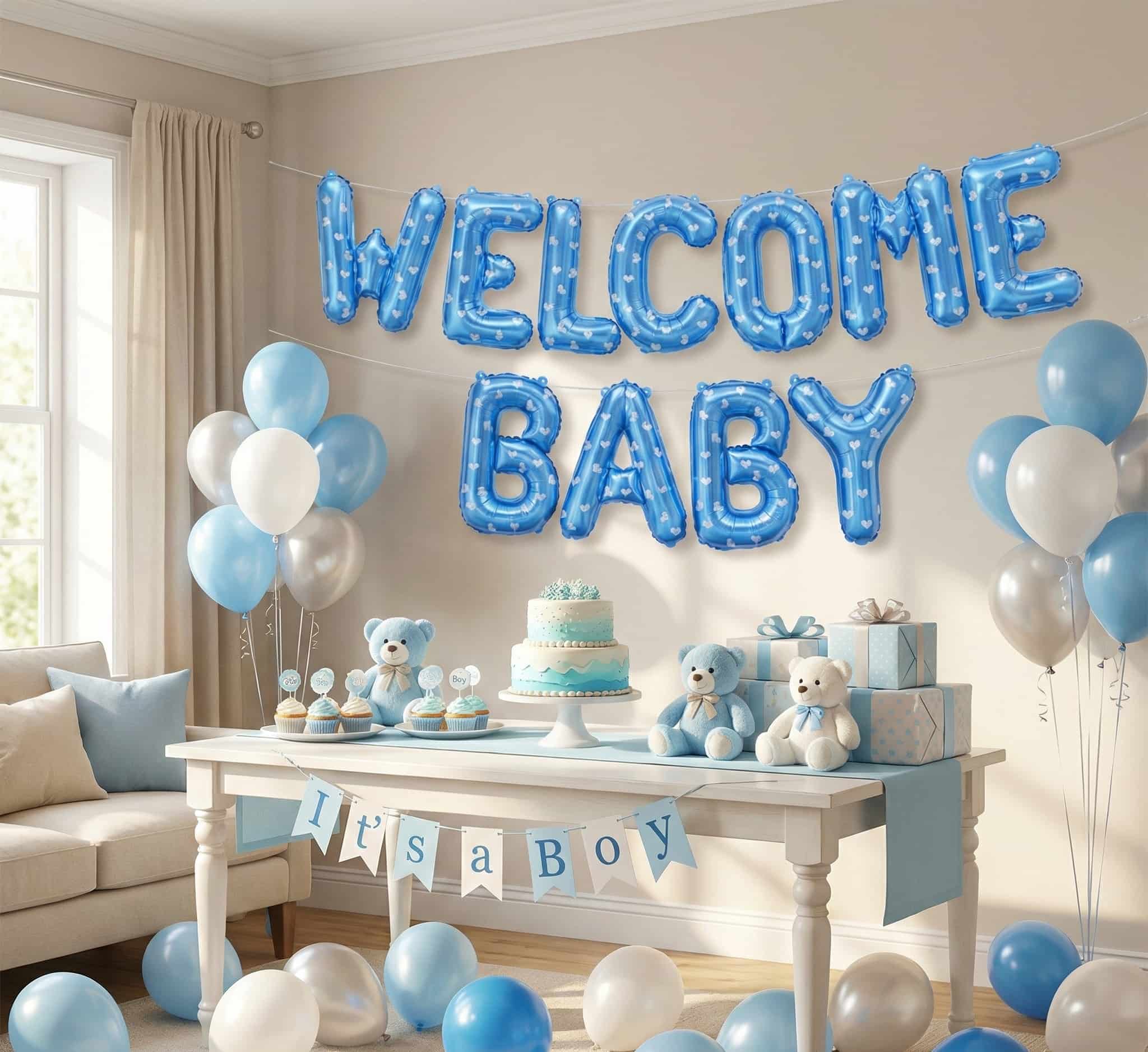 Welcome Baby Letter Foil Balloon With Printed Mini Hearts Banner for Baby Shower, Gender Reveal Event & Decoration
