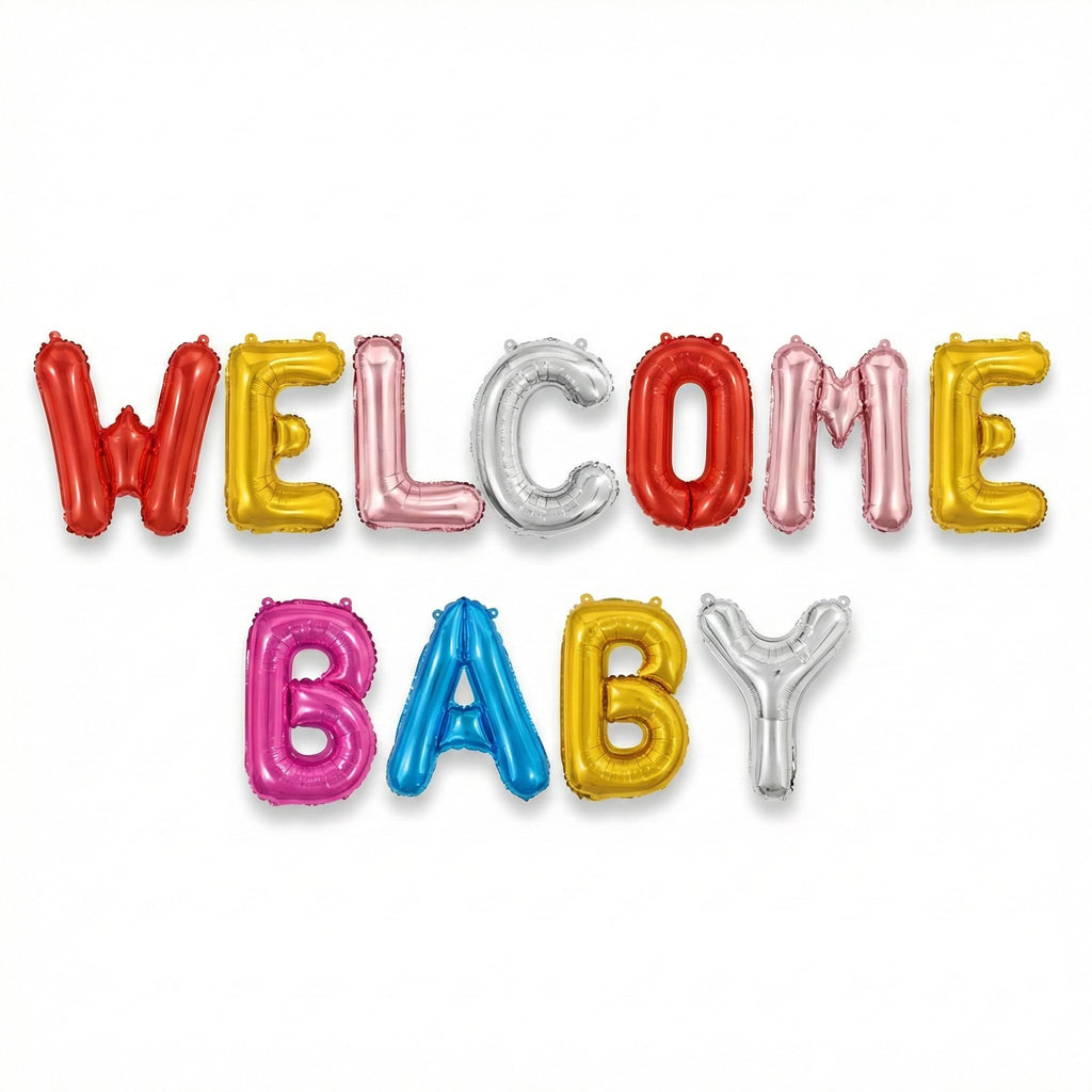 Welcome Baby Letter Foil Balloon With Printed Mini Hearts Banner for Baby Shower, Gender Reveal Event & Decoration