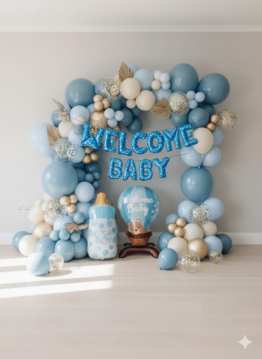 66 PCS- "Welcome baby", Royal Blue & Gold Baby Celebration