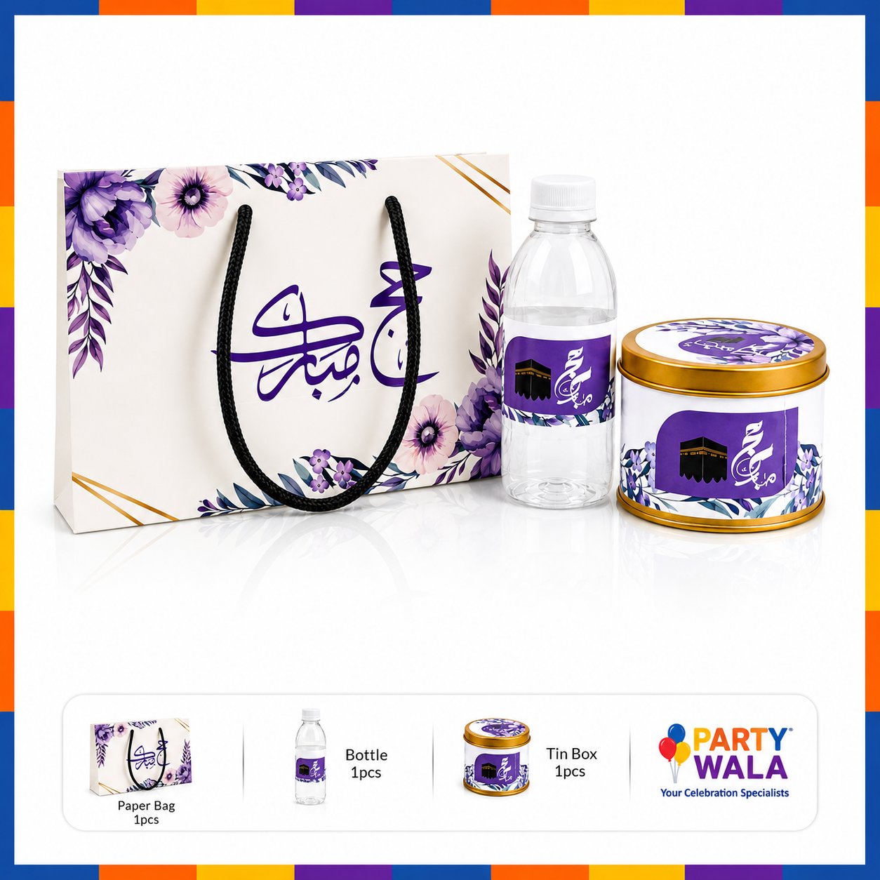Hajj Mubarak Gift Set – Premium Purple Packaging Box with Bottle & Tin Can