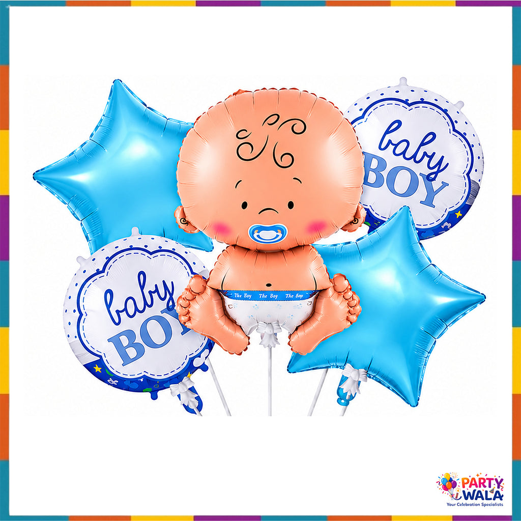 Baby boy 5 piece foil balloon set featuring baby face, two blue stars and two printed Baby Boy balloons