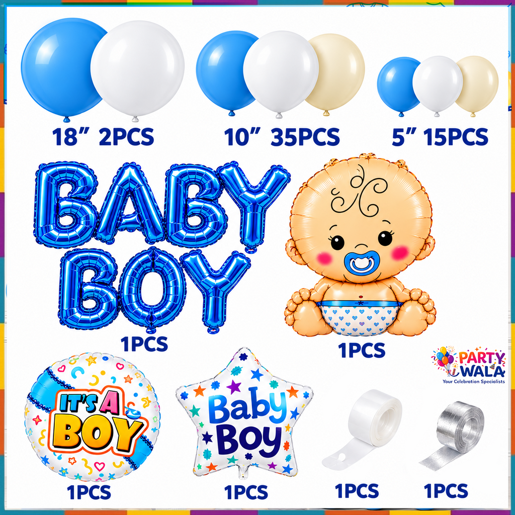 Baby Boy Balloon Decoration Kit YW-07920 contents with blue white cream balloons and foil balloons