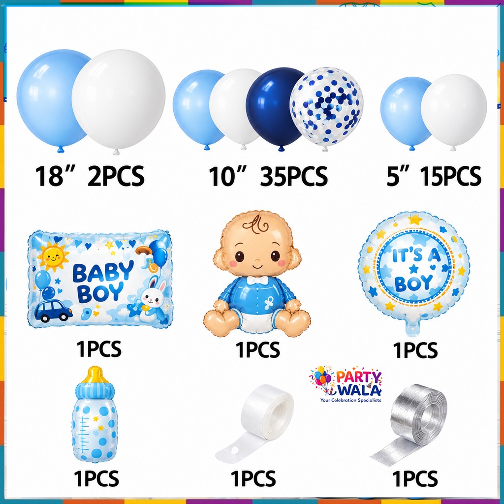 Baby Boy Balloon Decoration Kit YW-07924 contents with blue white confetti balloons and foil balloons