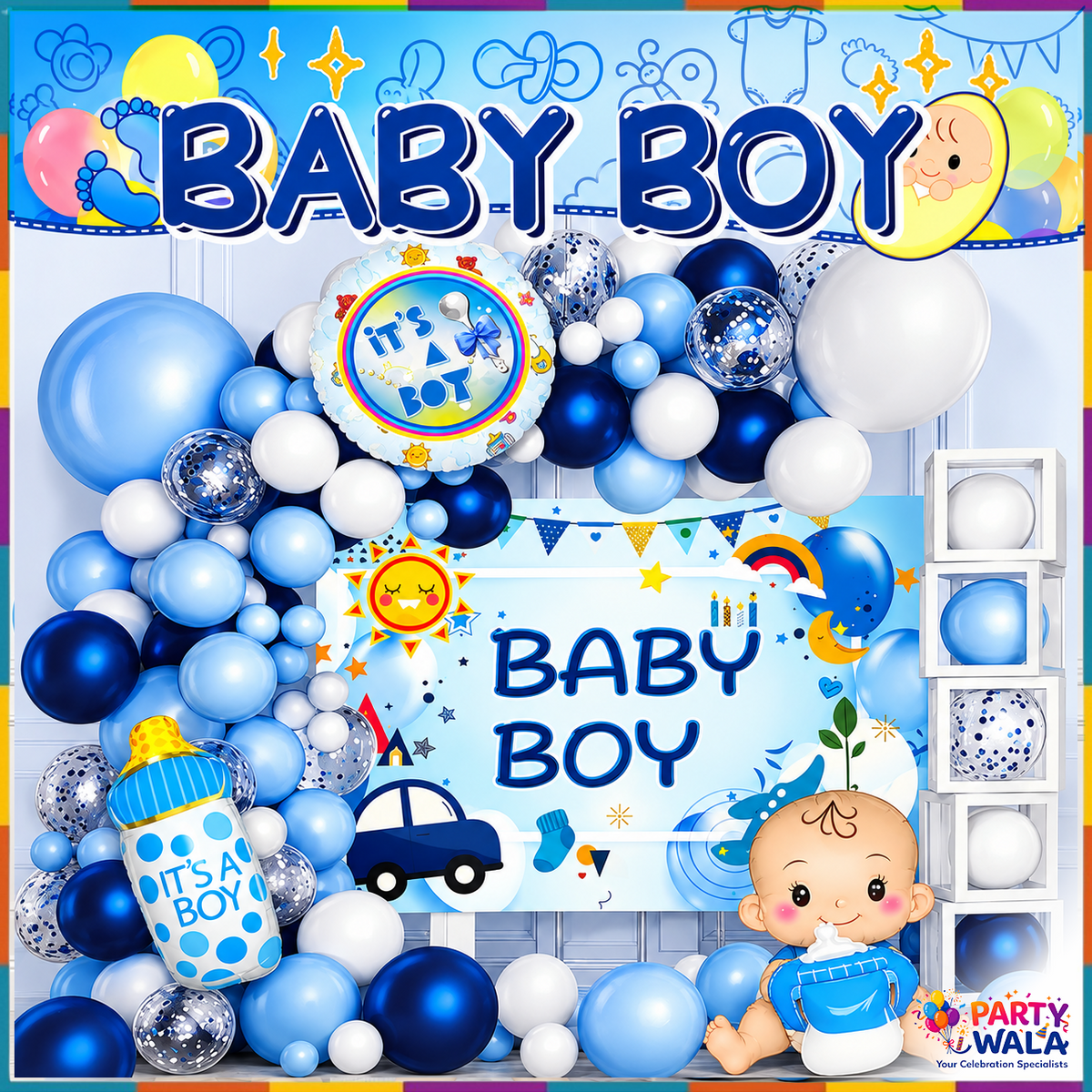 Baby Boy Balloon Decoration Kit YW-07924 blue white balloon arch setup