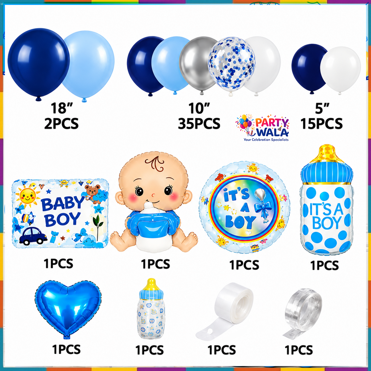 Baby Boy Balloon Decoration Kit YW-07925 contents with navy blue light blue silver confetti and foil balloons