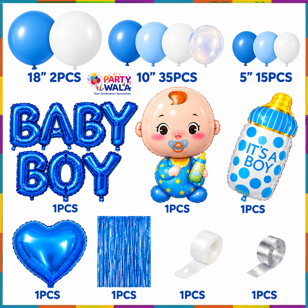 Baby Boy Balloon Decoration Kit YW-07929 contents with blue white balloons foil balloons curtain arch strip and ribbon