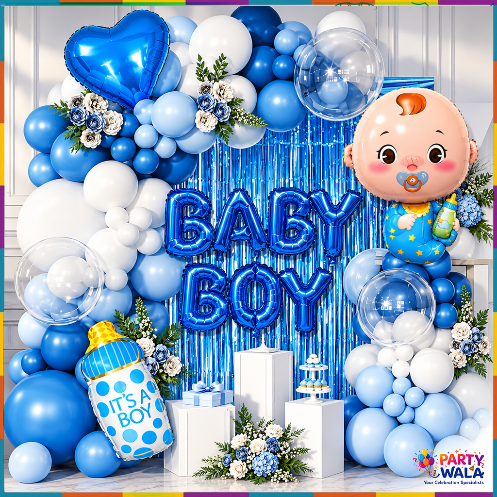 Baby Boy Balloon Decoration Kit YW-07929 blue white balloon arch with foil curtain setup
