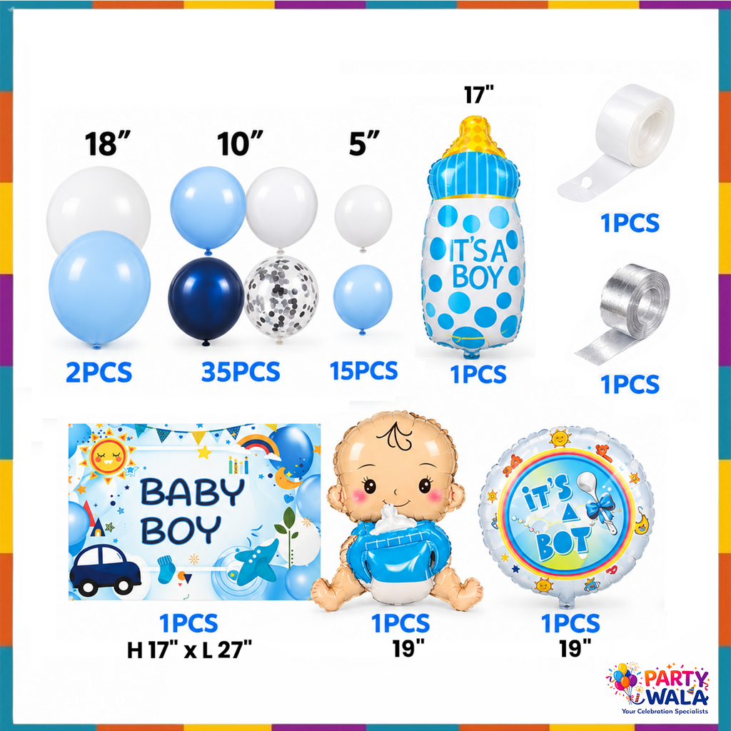 58-piece Baby Boy balloon kit contents: 2 big 18 inch balloons, 35 10 inch, 15 5 inch, three foil balloons, backdrop and two decorating rolls