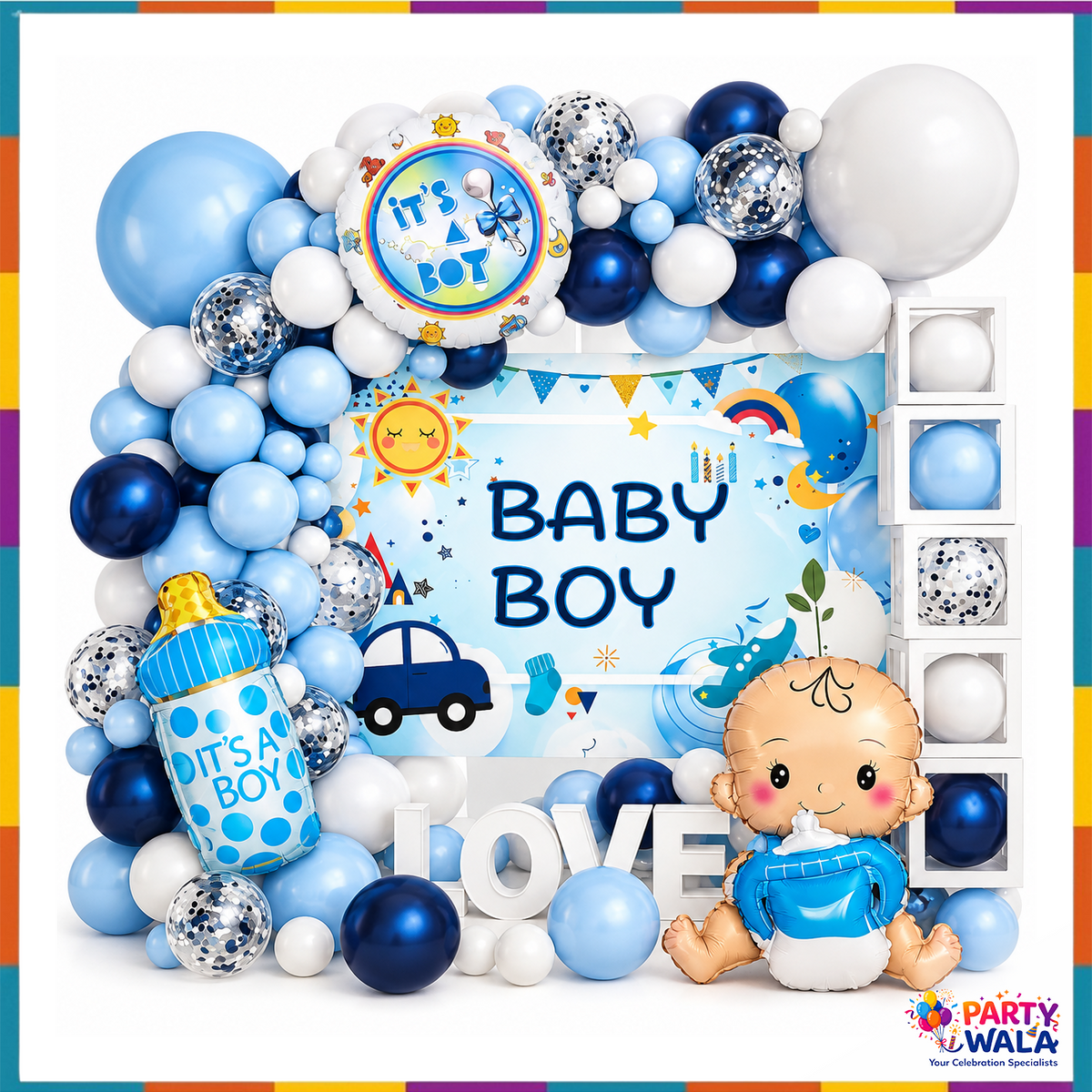 Baby Boy navy blue light blue white confetti balloon garland and three It's a Boy themed foil balloons party setup