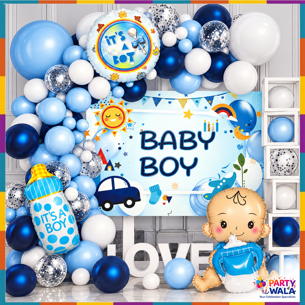 58-piece Baby Boy blue and white balloon decoration kit with balloon arch, baby bottle foil, baby character foil and baby boy backdrop