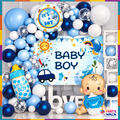 58-piece Baby Boy blue and white balloon decoration kit with balloon arch, baby bottle foil, baby character foil and baby boy backdrop