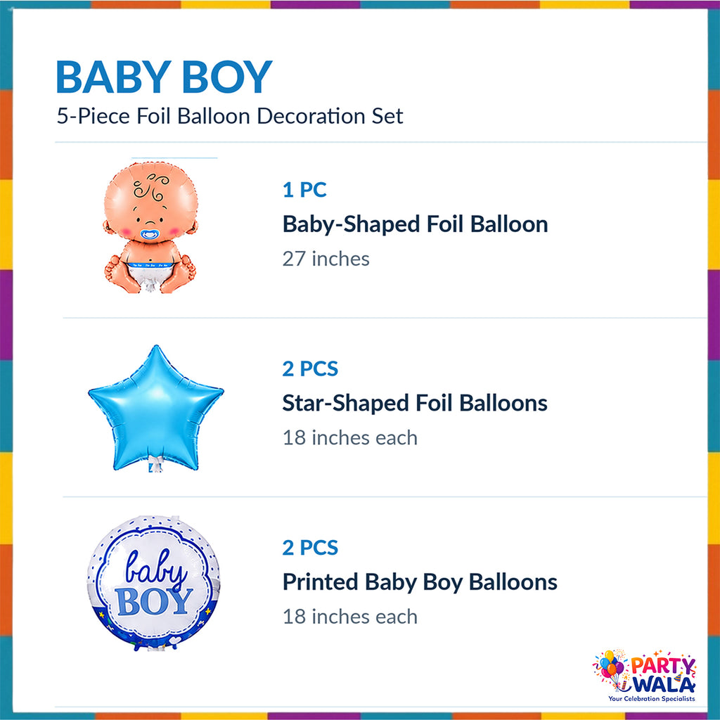 Baby Boy foil balloon set sizes: 27 inch baby balloon, 18 inch star and round printed balloons